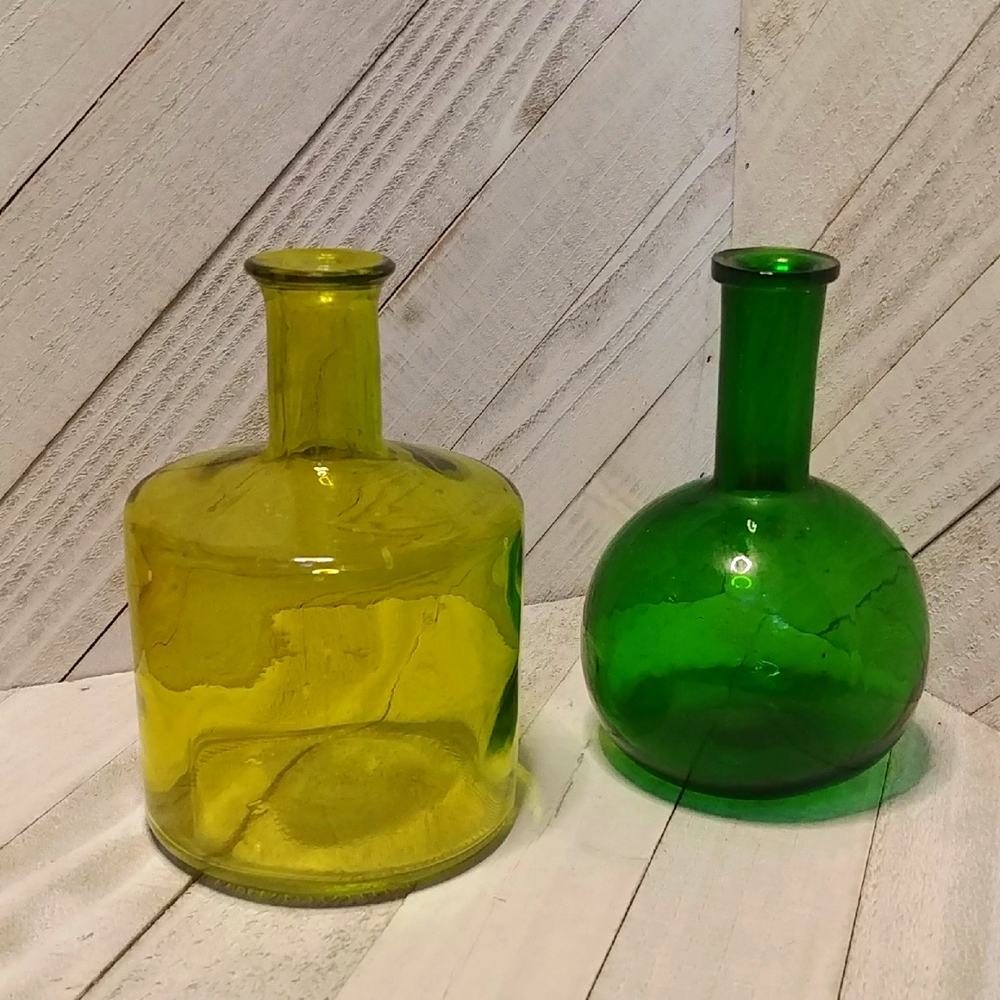 Vintage 2 Green Glass Vases Bottles